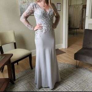 Size 8 Grey Long Sleeve Illusion Lace With Crepe Sheath To Trumpet Gown By MGNY